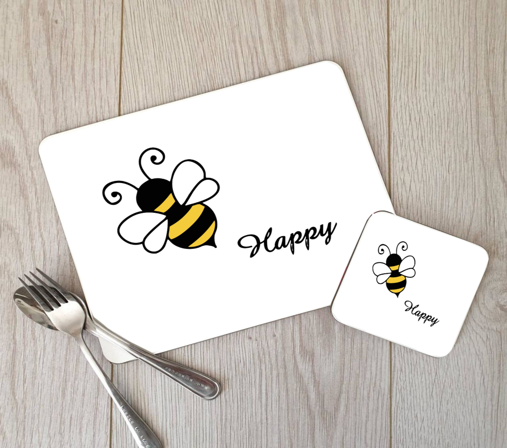 Bee Hardboard Placemat and Coaster Set - Bee Happy - Click Image to Close